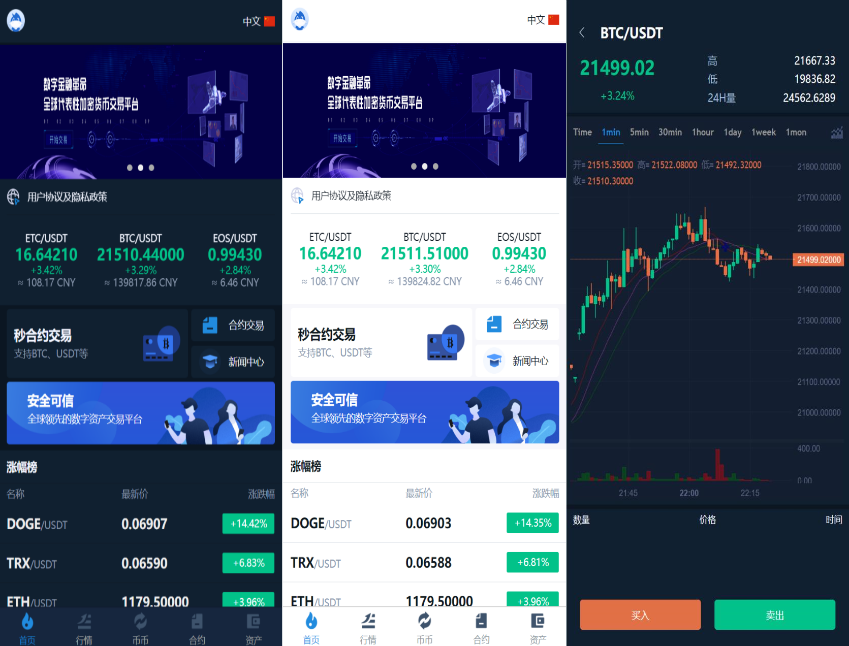 多语言交易所系统/币币交易/秒合约交易所/PC端VUE/手机端uniapp